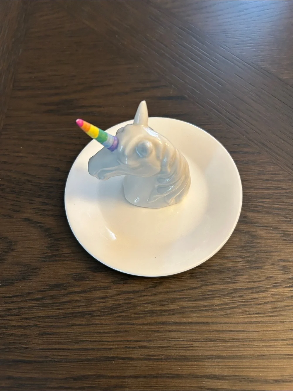 White Ceramic Unicorn Ring Dish with Rainbow Horn NWOT